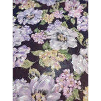 Czarna tkanina szyfon z wzorem - pastelowe kwiaty piwonii